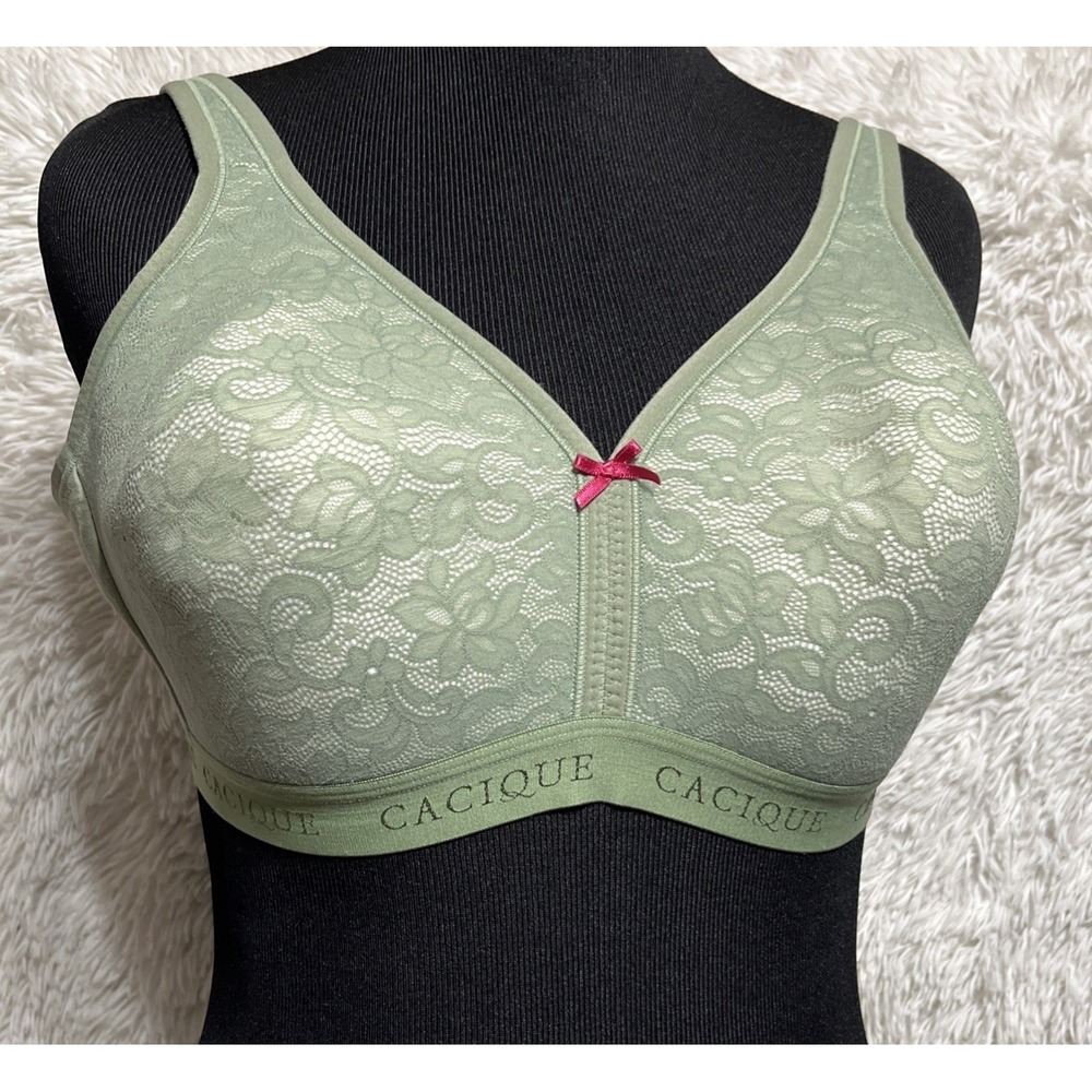 Cacique Bra Womens 42C Green Lace Lightly Line No Wire Full Coverage Pink Bow‎